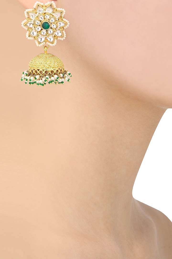 Gold Plated Pearl and Jadtar Stones Jhumki Earrings by Riana Jewellery