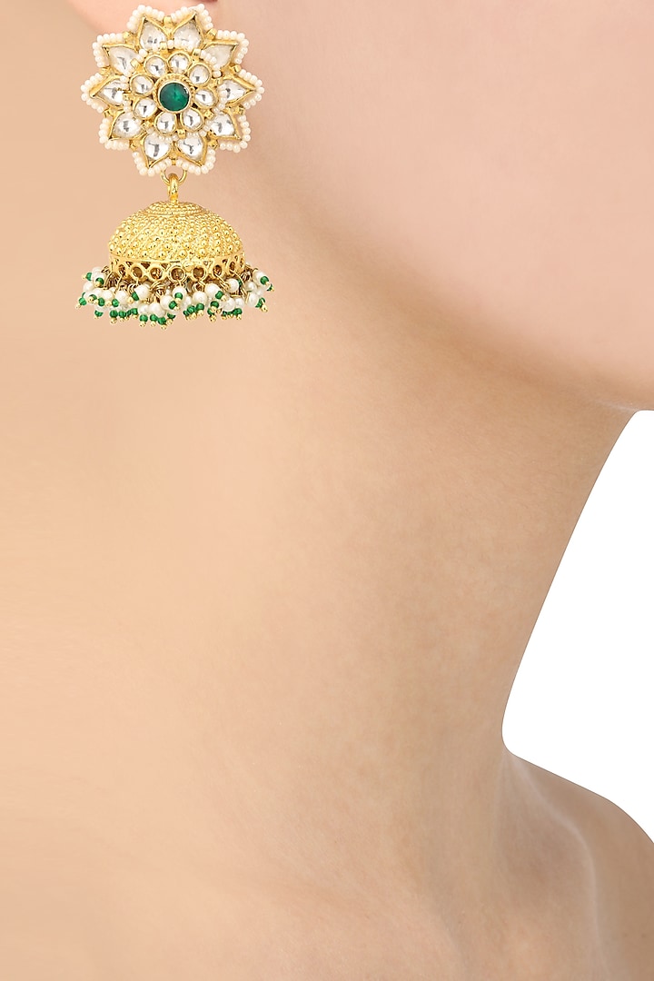 Gold Plated Pearl and Jadtar Stones Jhumki Earrings available only at Pernia's Pop Up Shop.