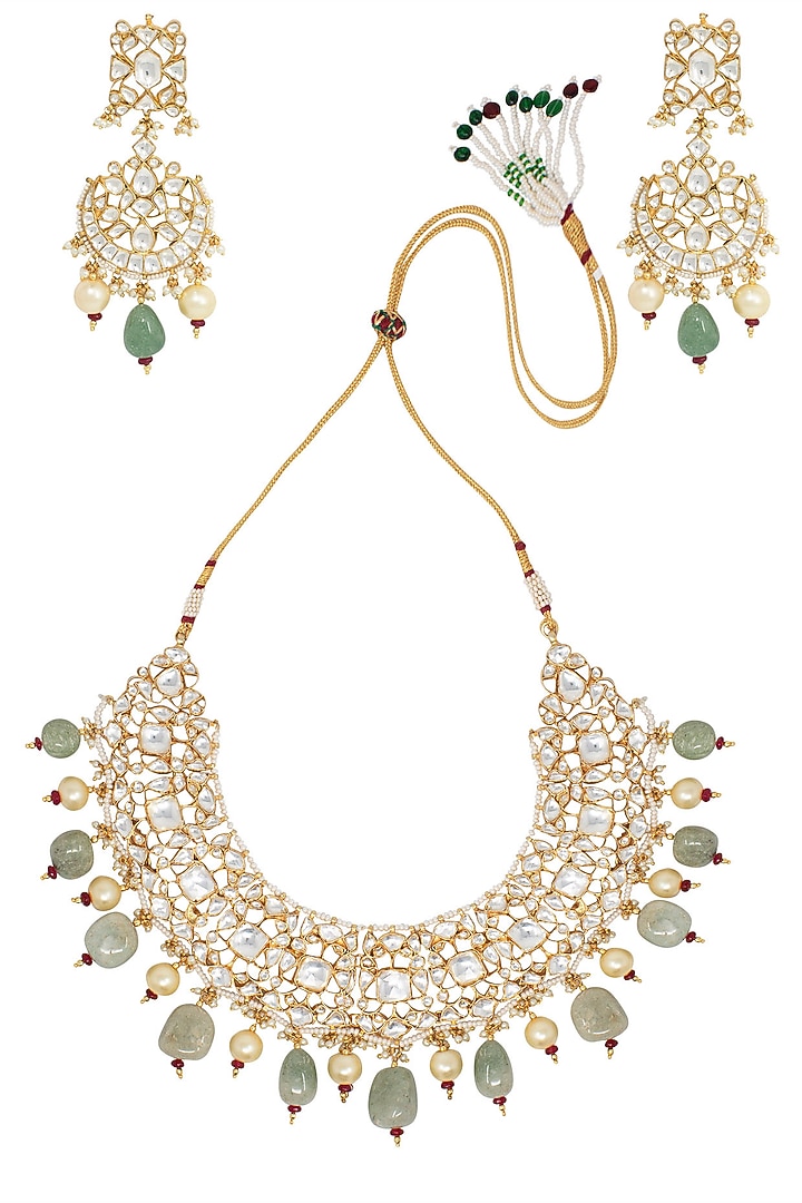 Gold plated sea green and white stones and pearls necklace set available only at Pernia's Pop Up Shop.