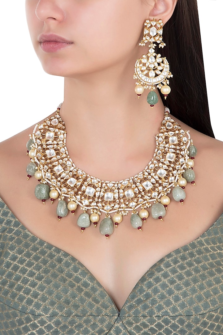 Gold Plated Sea Green and White Stones and Pearls Necklace Set by Riana Jewellery