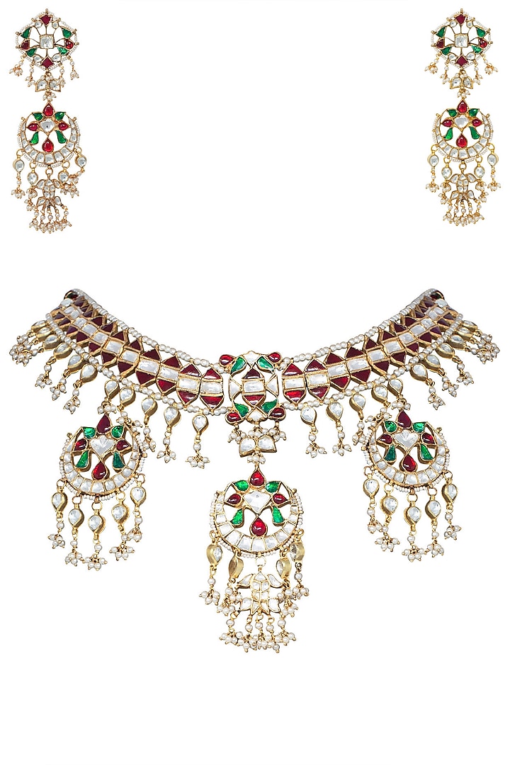 Gold plated red, white and green stones necklace set available only at Pernia's Pop Up Shop.