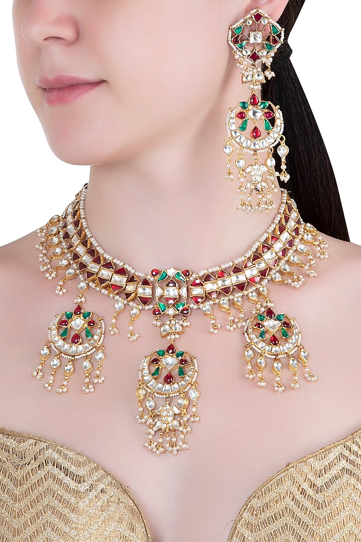Gold Plated Red, White and Green Stones Necklace Set by Riana Jewellery