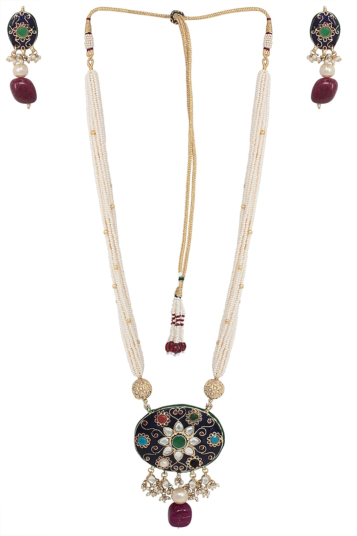 Gold plated pearls and blue meena pendant necklace set available only at Pernia's Pop Up Shop.