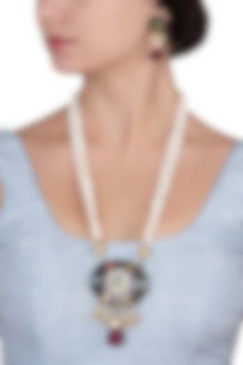 Gold Plated Pearls and Blue Meena Pendant Necklace Set by Riana Jewellery