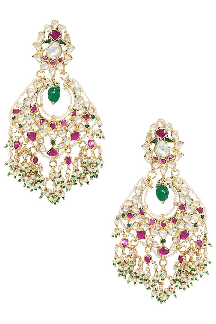 Gold plated pink and white stones chandbali earrings available only at Pernia's Pop Up Shop.