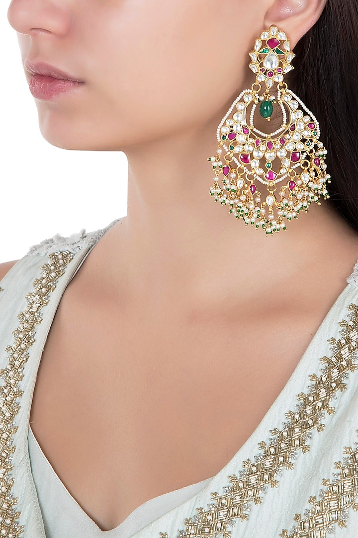 Gold Plated Pink and White Stones Chandbali Earrings by Riana Jewellery