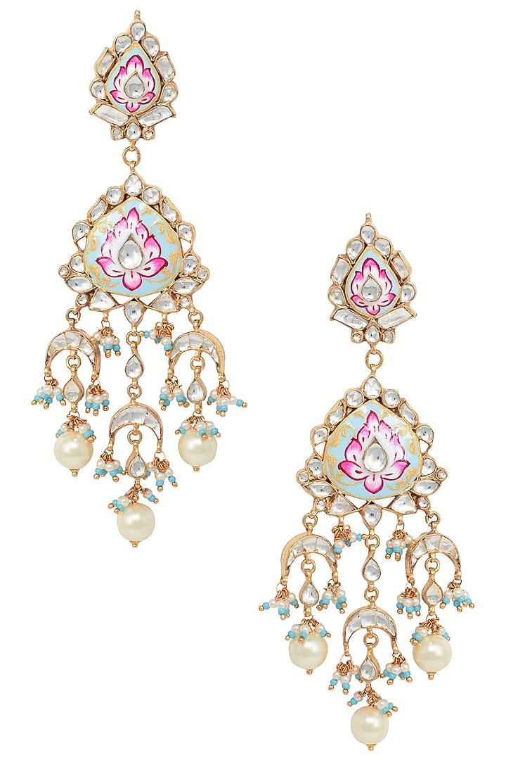 Gold plated pink and firozi meena earrings available only at Pernia's Pop Up Shop.