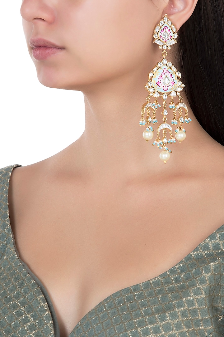 Gold Plated Pink and Firozi Meena Earrings by Riana Jewellery