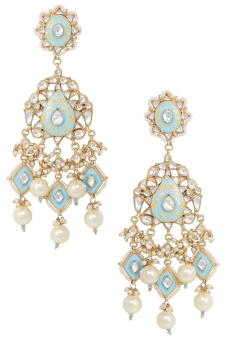 Gold plated white and firozi meena earrings available only at Pernia's Pop Up Shop.