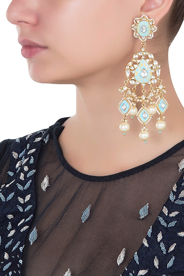 Gold Plated White and Firozi Meena Earrings by Riana Jewellery