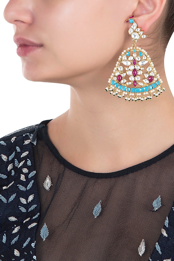 Gold Plated Peacock Motif Earrings by Riana Jewellery