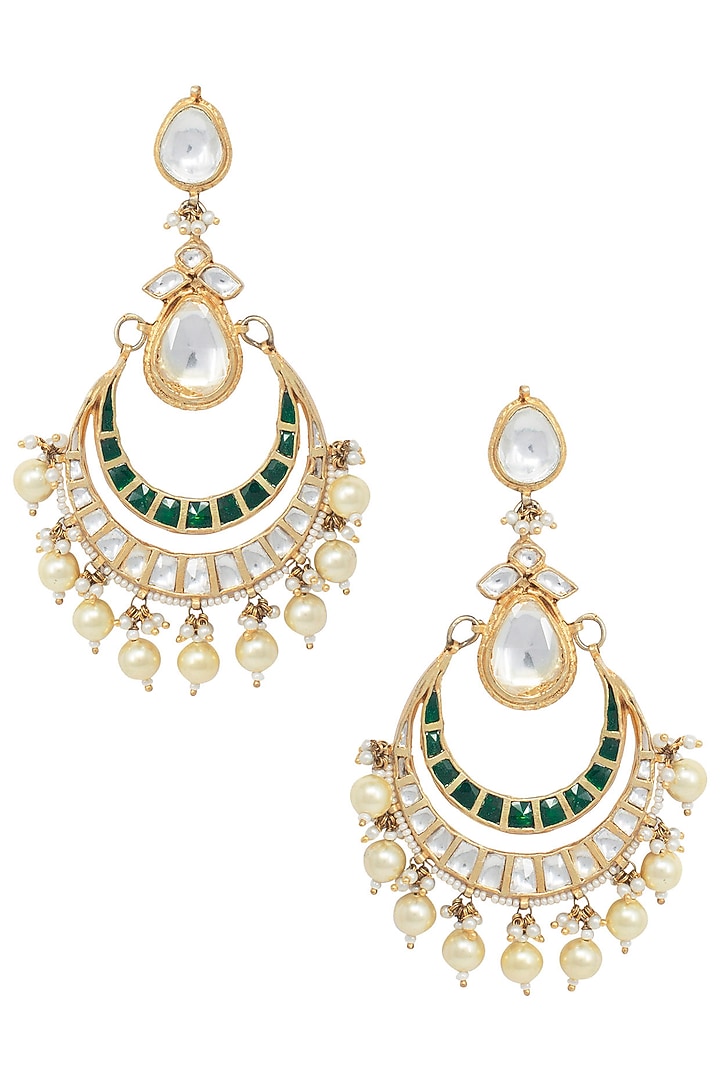 Gold plated white and green stones chandbali earrings available only at Pernia's Pop Up Shop.