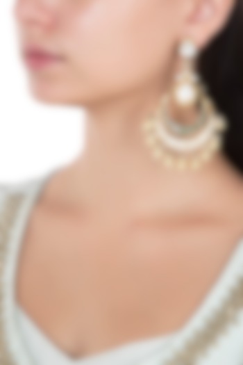 Gold plated white and green stones chandbali earrings available only at Pernia's Pop Up Shop.