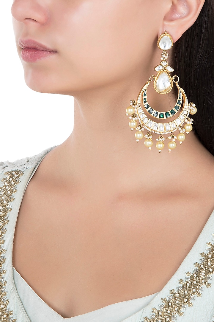 Gold plated white and green stones chandbali earrings available only at Pernia's Pop Up Shop.