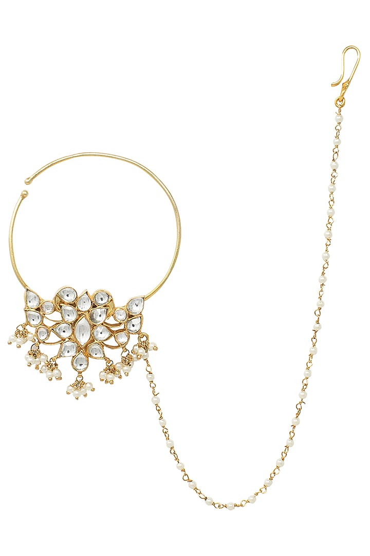 Gold plated white jadtar and pearls nose ring available only at Pernia's Pop Up Shop.