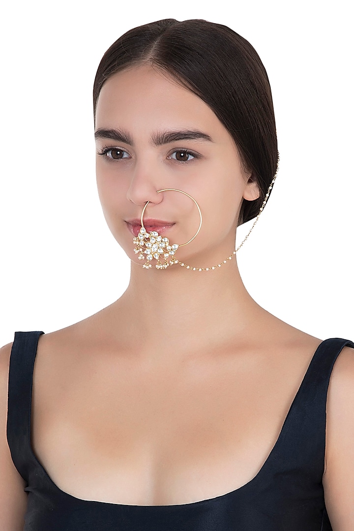 Gold Plated White Jadtar and Pearls Nose Ring by Riana Jewellery