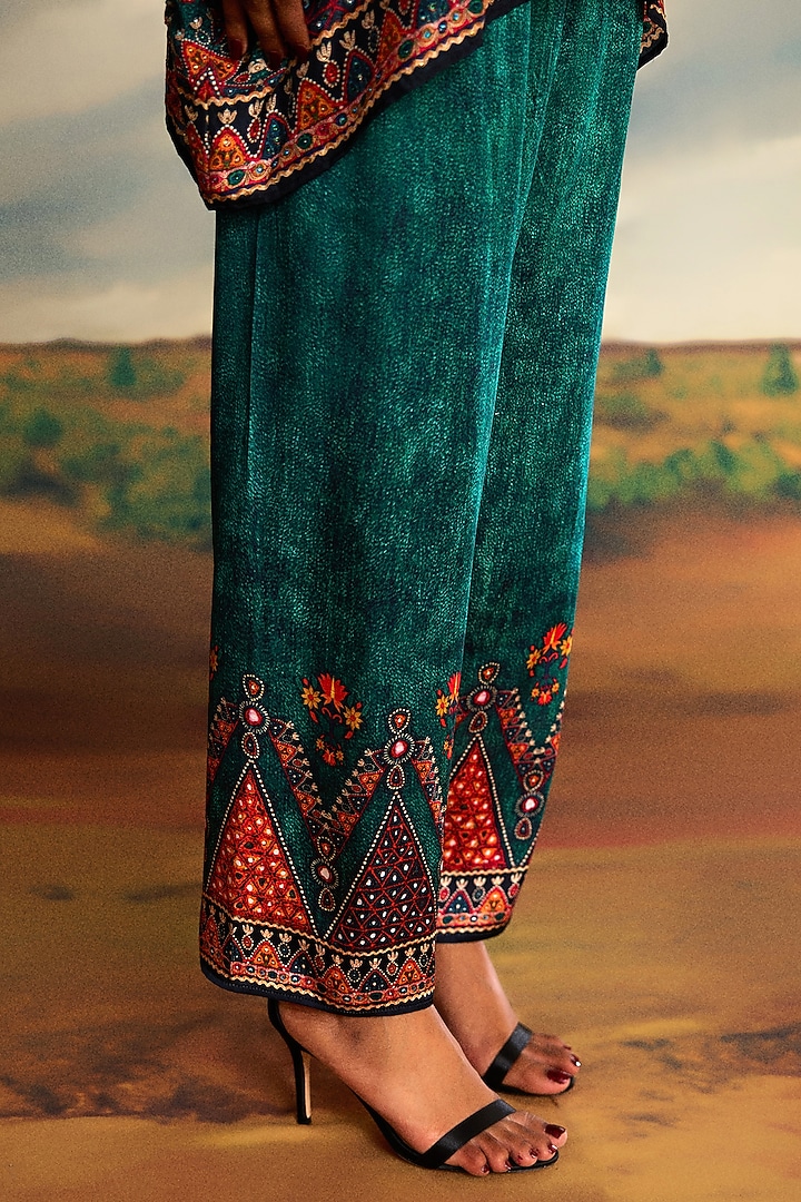 Teal Modal Satin Printed Palazzo Pants by Rajdeep Ranawat at Pernia's Pop Up Shop