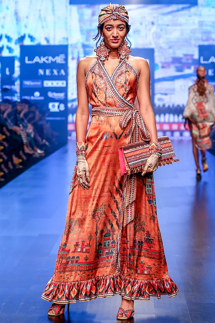Orange Wrap Maxi Vacation Dress by Rajdeep Ranawat at Pernia's Pop Up Shop
