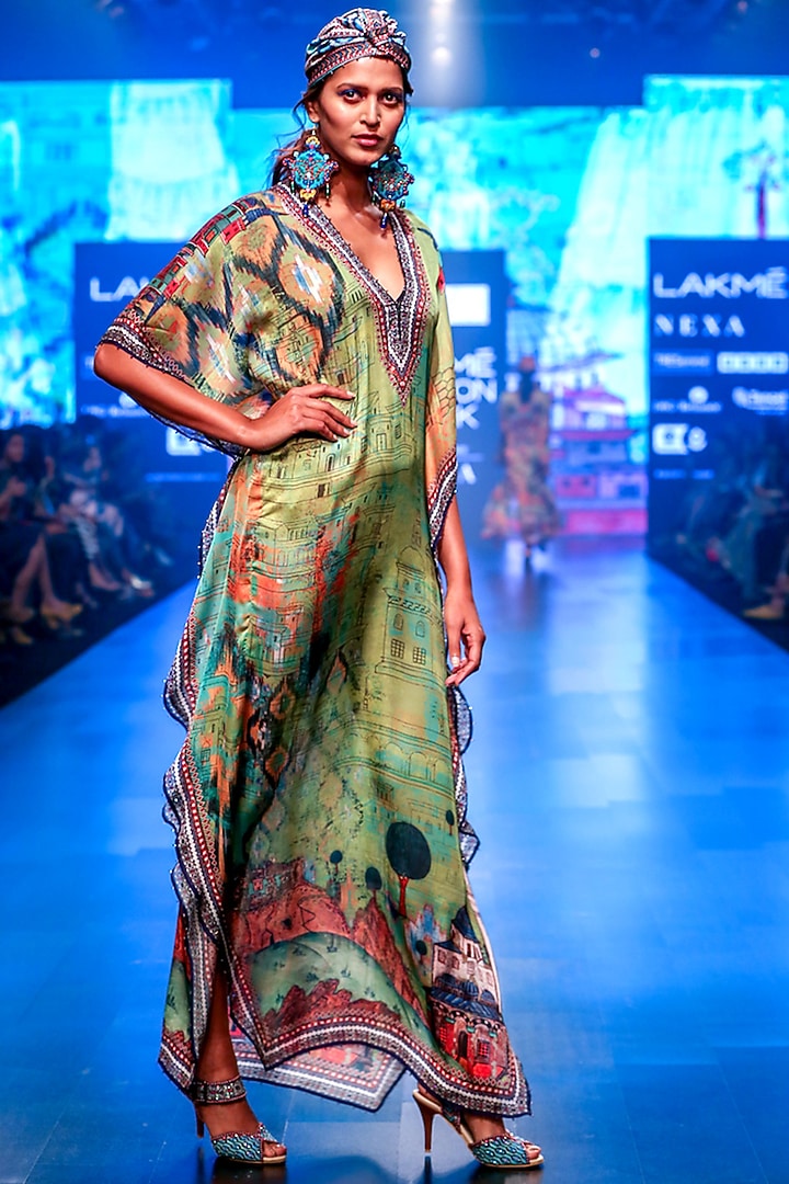 Lime Satin Long Kaftan by Rajdeep Ranawat at Pernia's Pop Up Shop