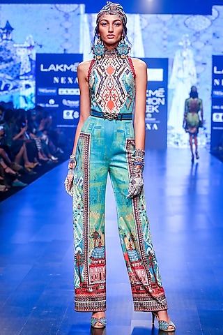 Turquoise Printed Halter Jumpsuit by Rajdeep Ranawat