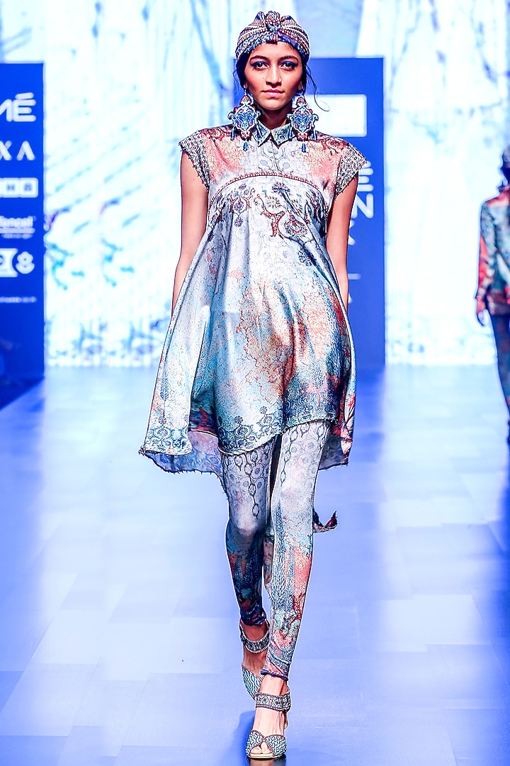 Yamna Aqua Blue & Grey Printed Pants by Rajdeep Ranawat at Pernia's Pop Up Shop