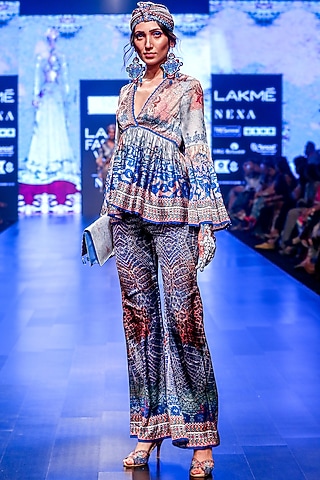 Zian Grey & Indigo Printed Bell Bottom Pants by Rajdeep Ranawat