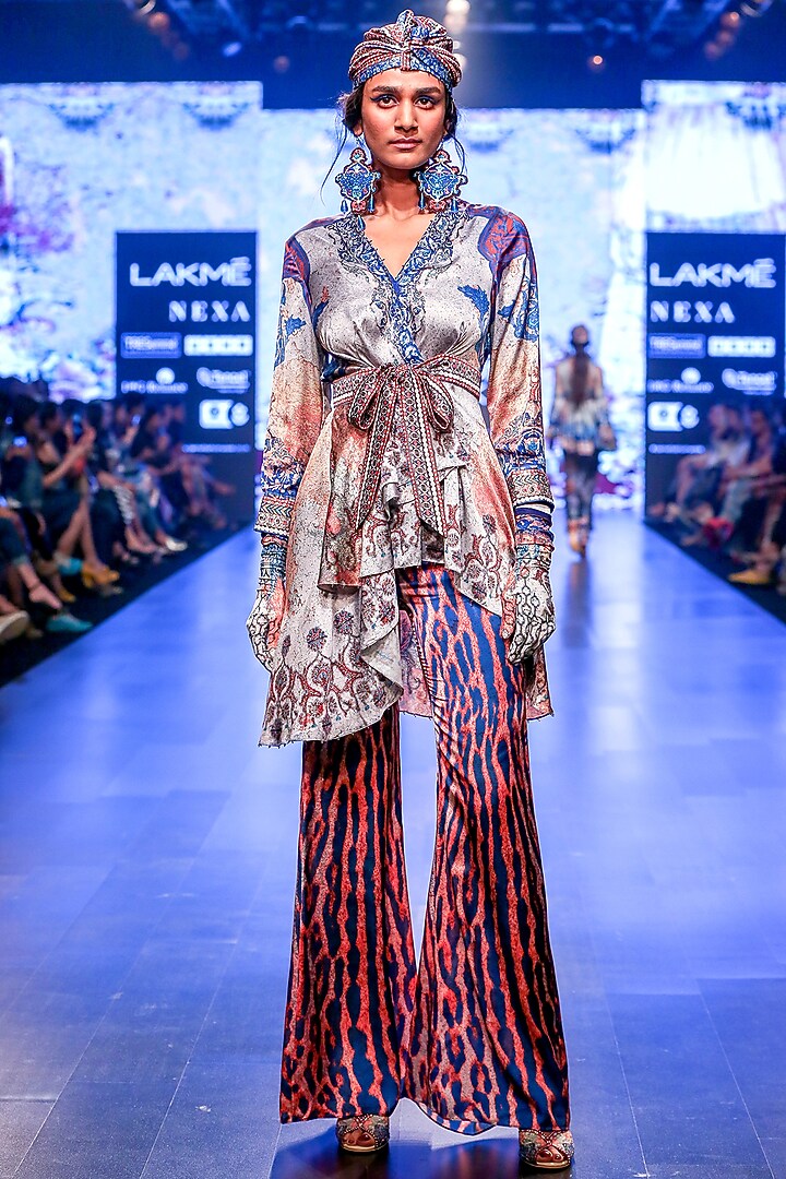 Abroo Grey Printed Bell Bottom Pants by Rajdeep Ranawat at Pernia's Pop Up Shop