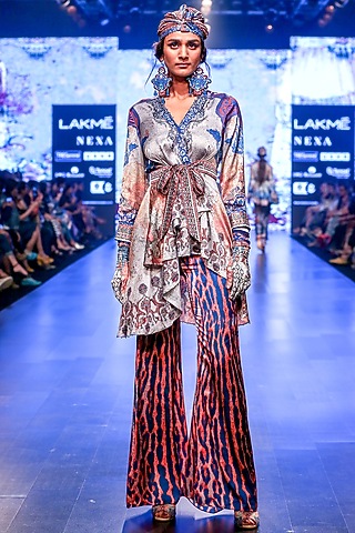 Abroo Grey Printed Bell Bottom Pants by Rajdeep Ranawat