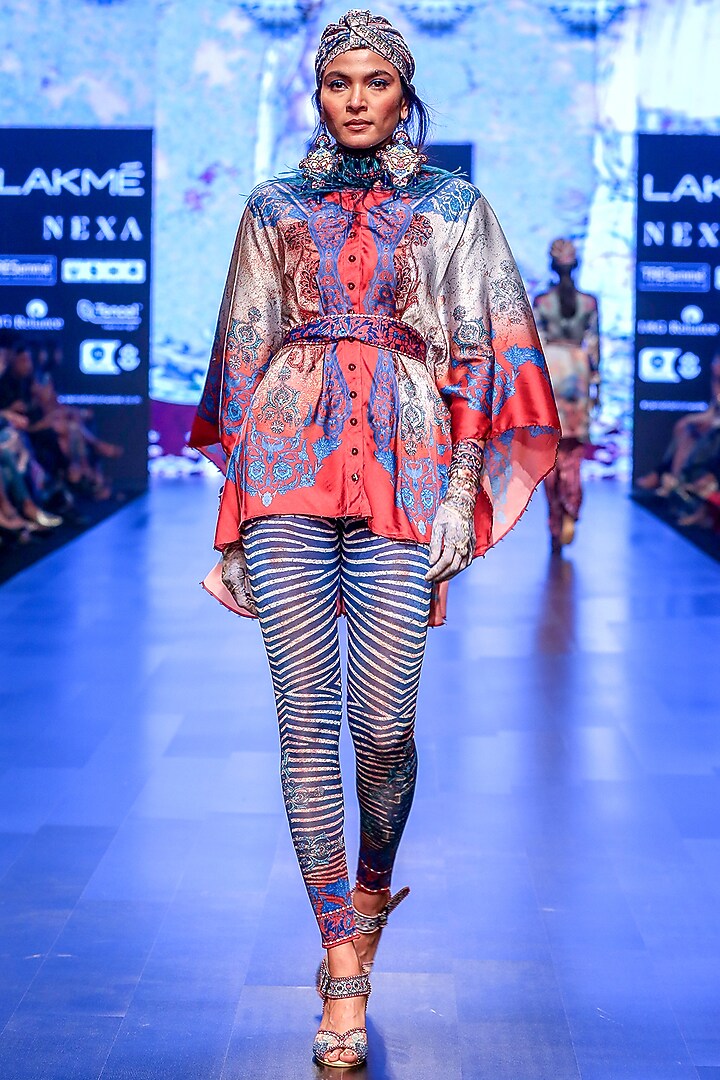 Red & Indigo Circular Poncho Kaftan With Belt by Rajdeep Ranawat at Pernia's Pop Up Shop