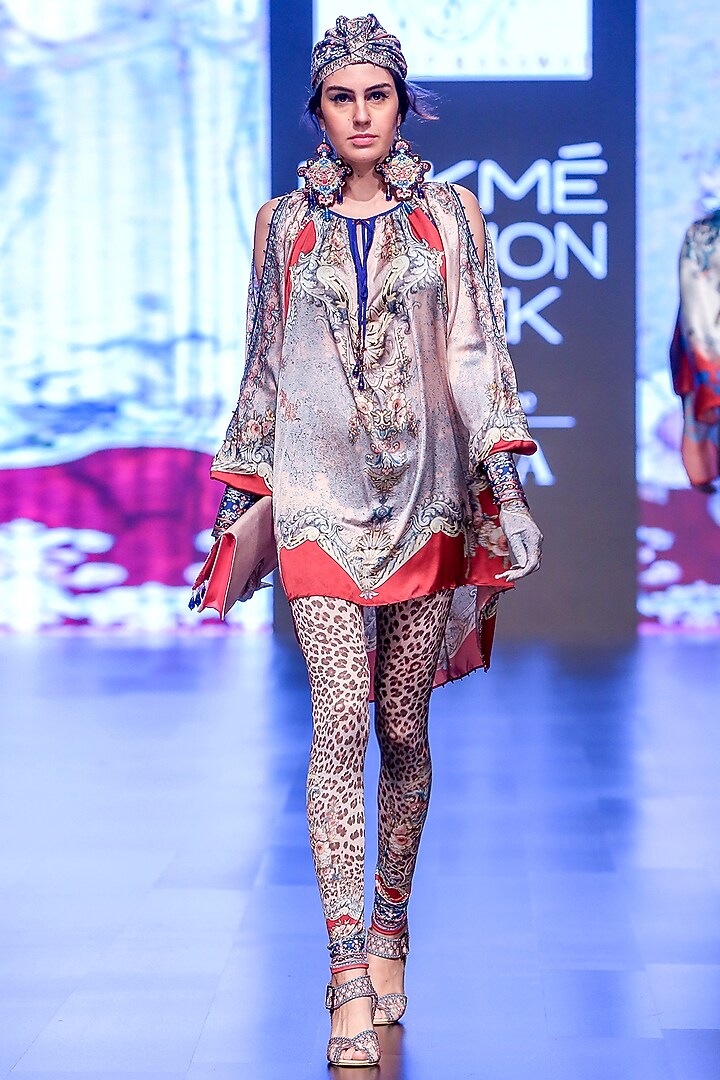 Ferhana Blush Pink & Grey Printed Tunic by Rajdeep Ranawat at Pernia's Pop Up Shop
