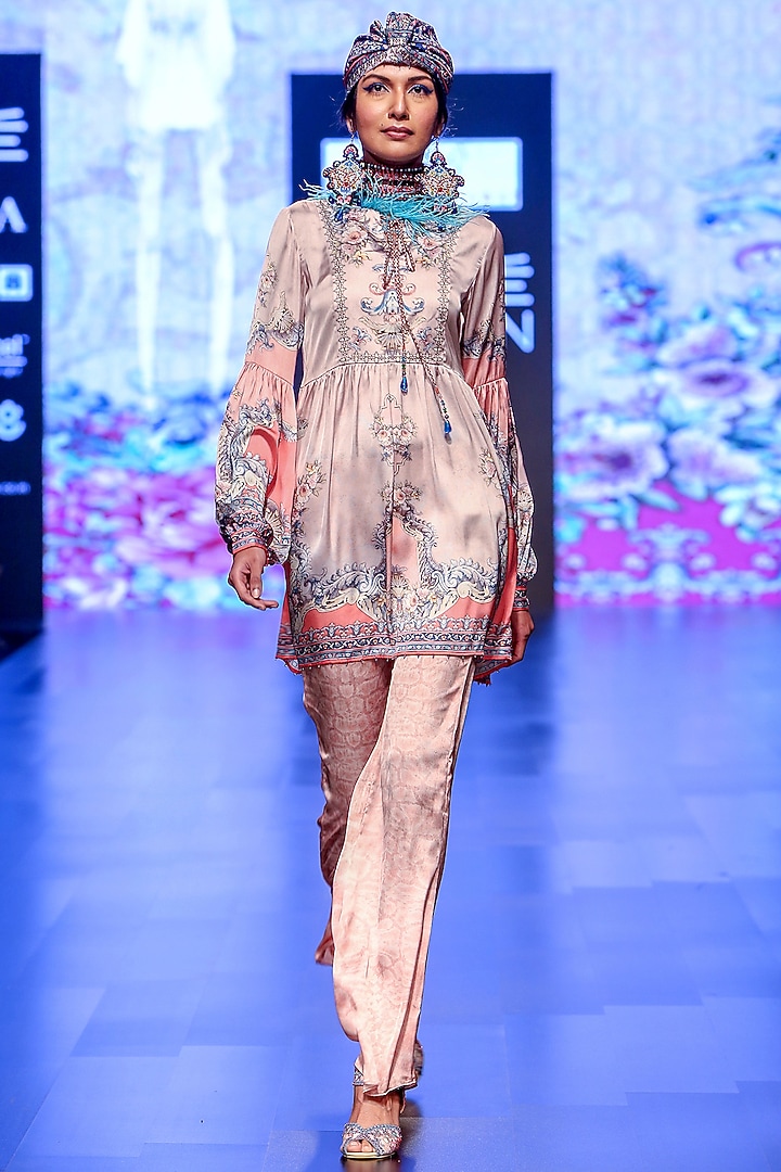 Hunoon Blush Pink Printed Bell Bottom Pants by Rajdeep Ranawat at Pernia's Pop Up Shop