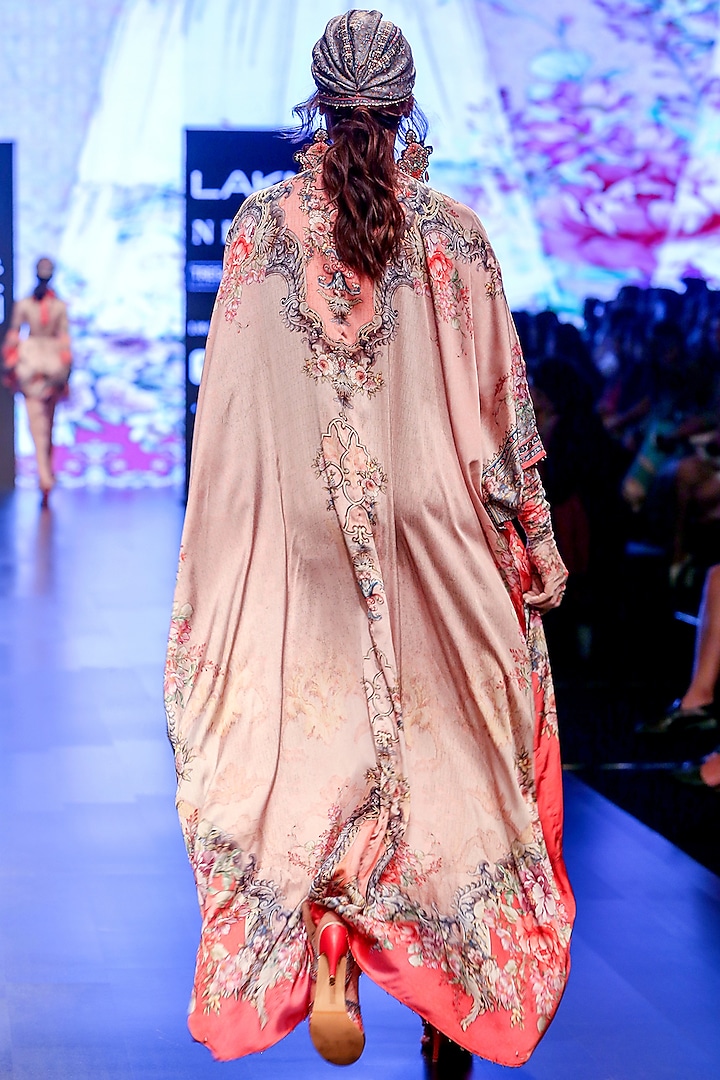 Blush Pink Printed Long Kaftan With Jewelled Belt by Rajdeep Ranawat
