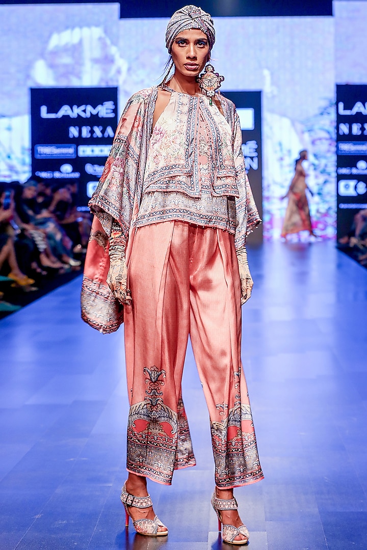 Blush Pink Printed & Pleated Culotte Pants by Rajdeep Ranawat