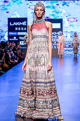 Slate Embroidered Printed Tiered Halter Dress by Rajdeep Ranawat