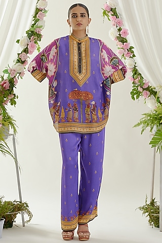 Purple Satin Printed Palazzo Pants by Rajdeep Ranawat