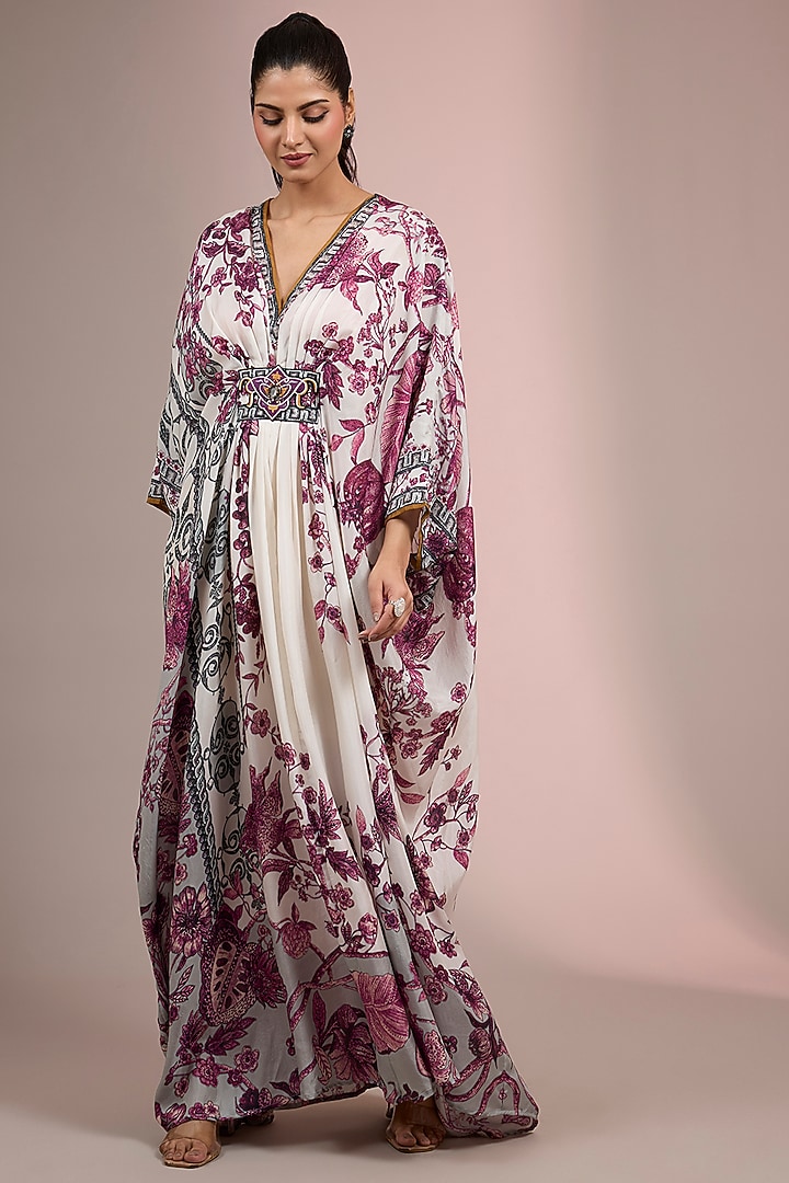 Raspberry Pink Silk Printed & Embroidered Kaftan by Rajdeep Ranawat at Pernia's Pop Up Shop