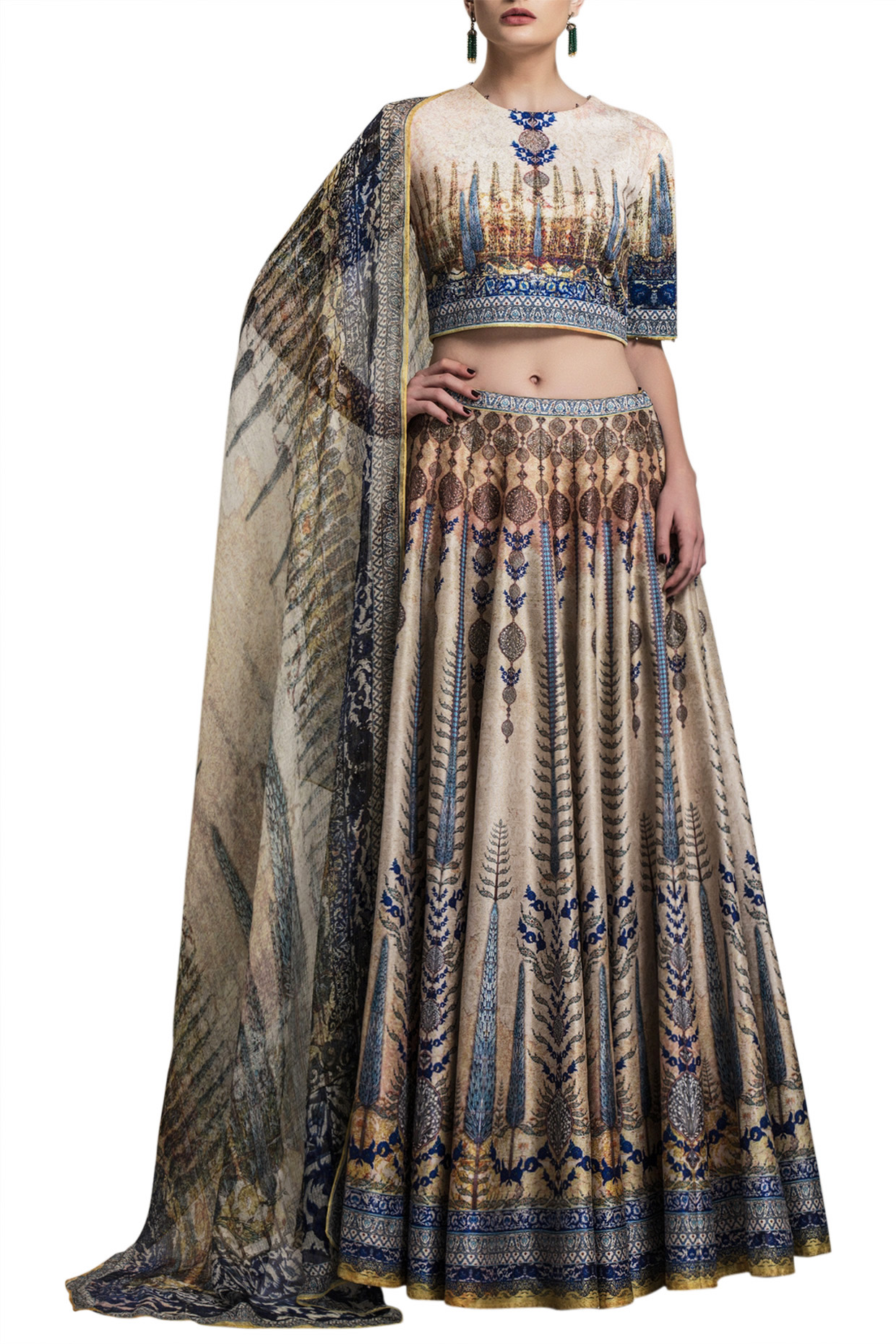 Gold Digital Printed Silk Lehenga Set by Rajdeep Ranawat