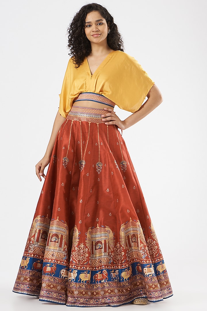 Maroon Printed Skirt Set by Rajdeep Ranawat