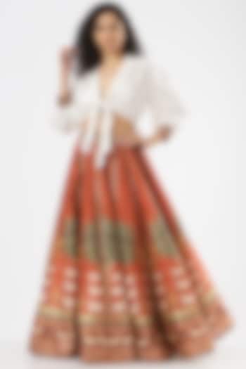 Red Printed Skirt Set by Rajdeep Ranawat