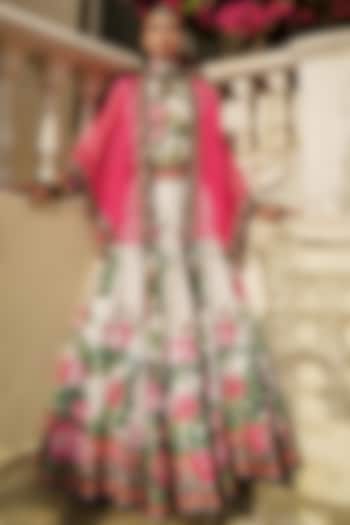 Ivory & Fuchsia Printed Skirt Set by Rajdeep Ranawat at Pernia's Pop Up Shop
