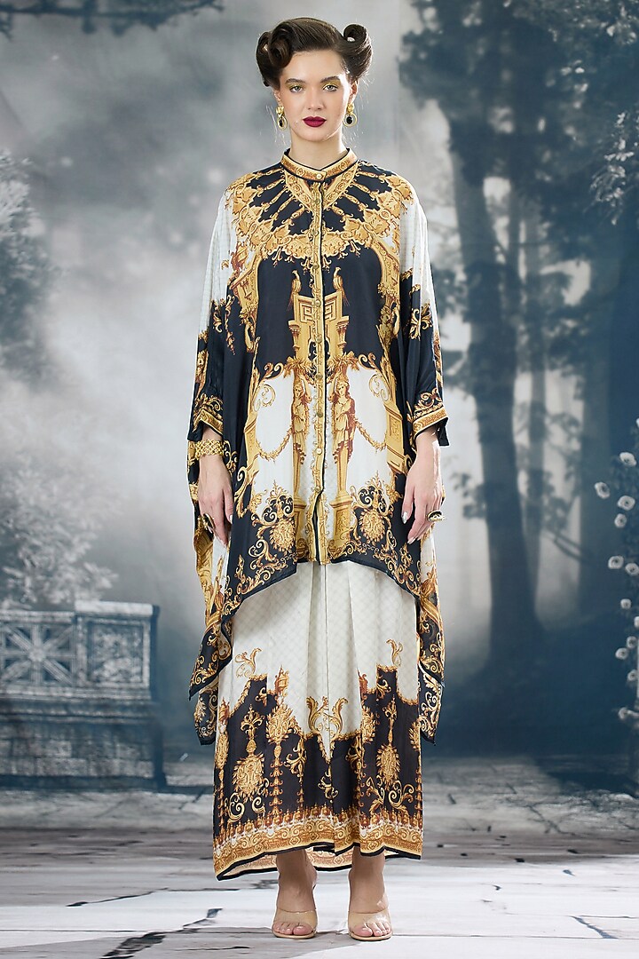 Black & Gold Modal Satin Printed Skirt by Rajdeep Ranawat at Pernia's Pop Up Shop