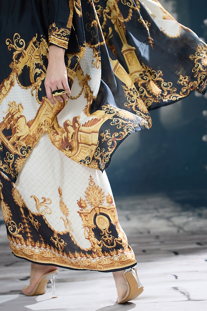 Black & Gold Modal Satin Printed Skirt by Rajdeep Ranawat at Pernia's Pop Up Shop