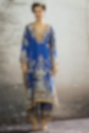 Blue Silk Printed Kaftan by Rajdeep Ranawat at Pernia's Pop Up Shop