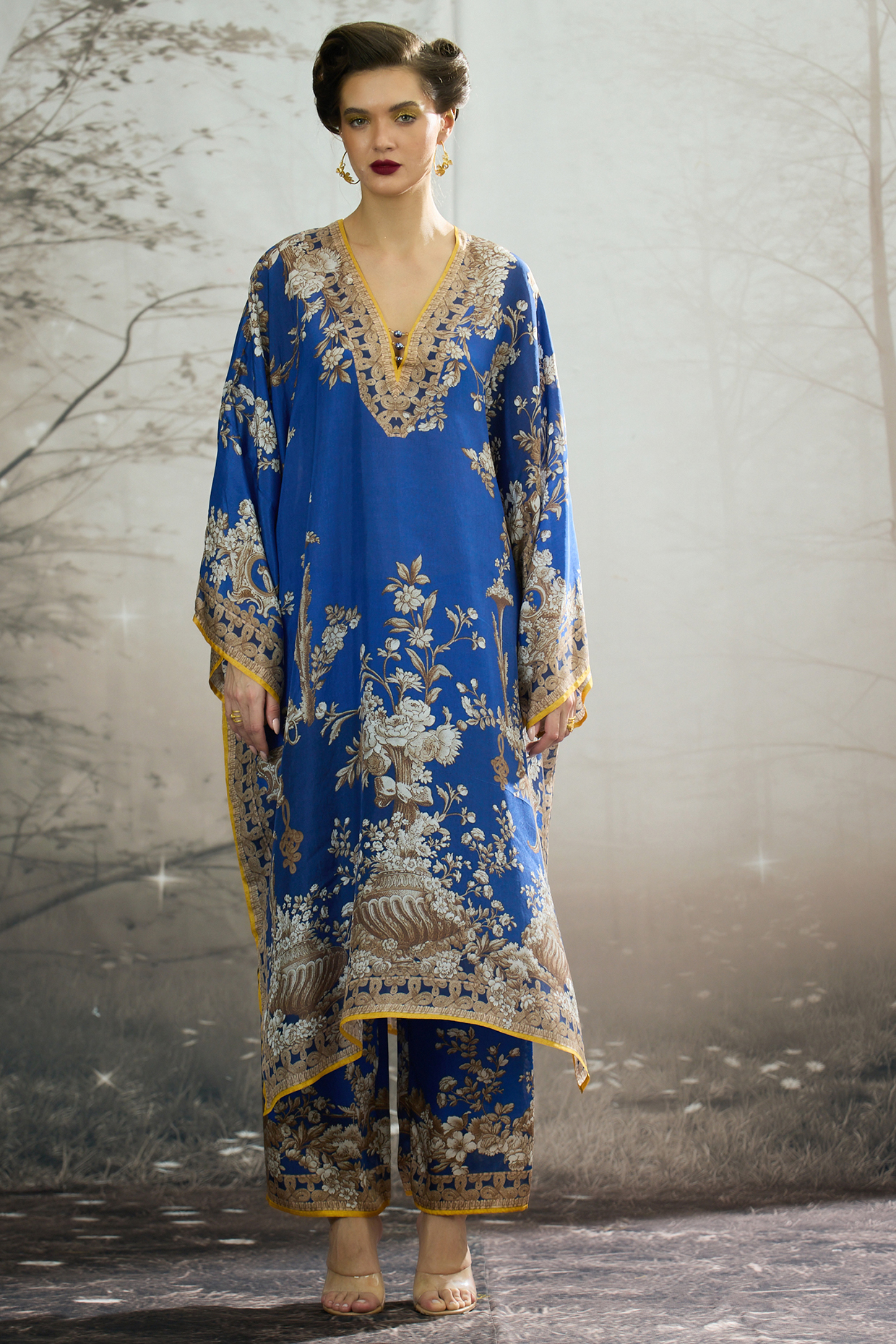 Blue Silk Printed Kaftan by Rajdeep Ranawat at Pernia's Pop Up Shop