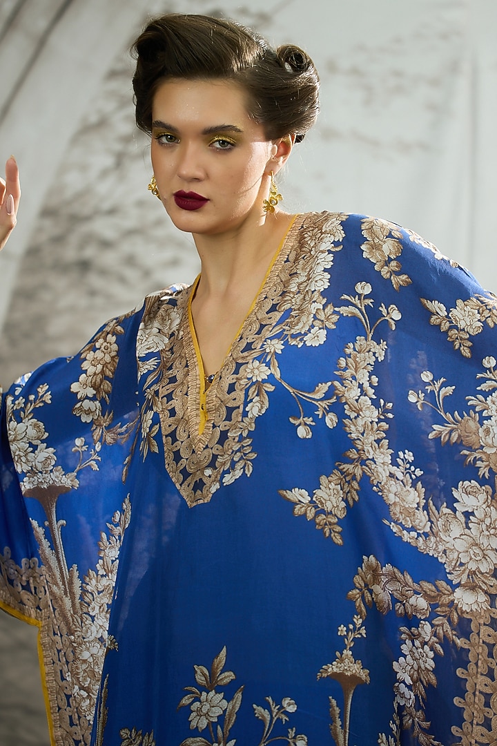 Blue Silk Printed Kaftan by Rajdeep Ranawat at Pernia's Pop Up Shop