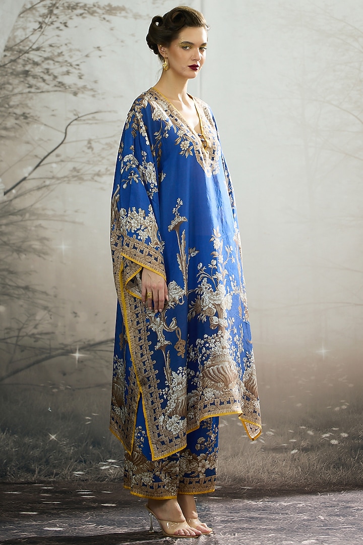 Blue Silk Printed Kaftan by Rajdeep Ranawat at Pernia's Pop Up Shop