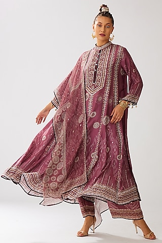 Vintage Rose Silk Printed Anarkali Set by Rajdeep Ranawat