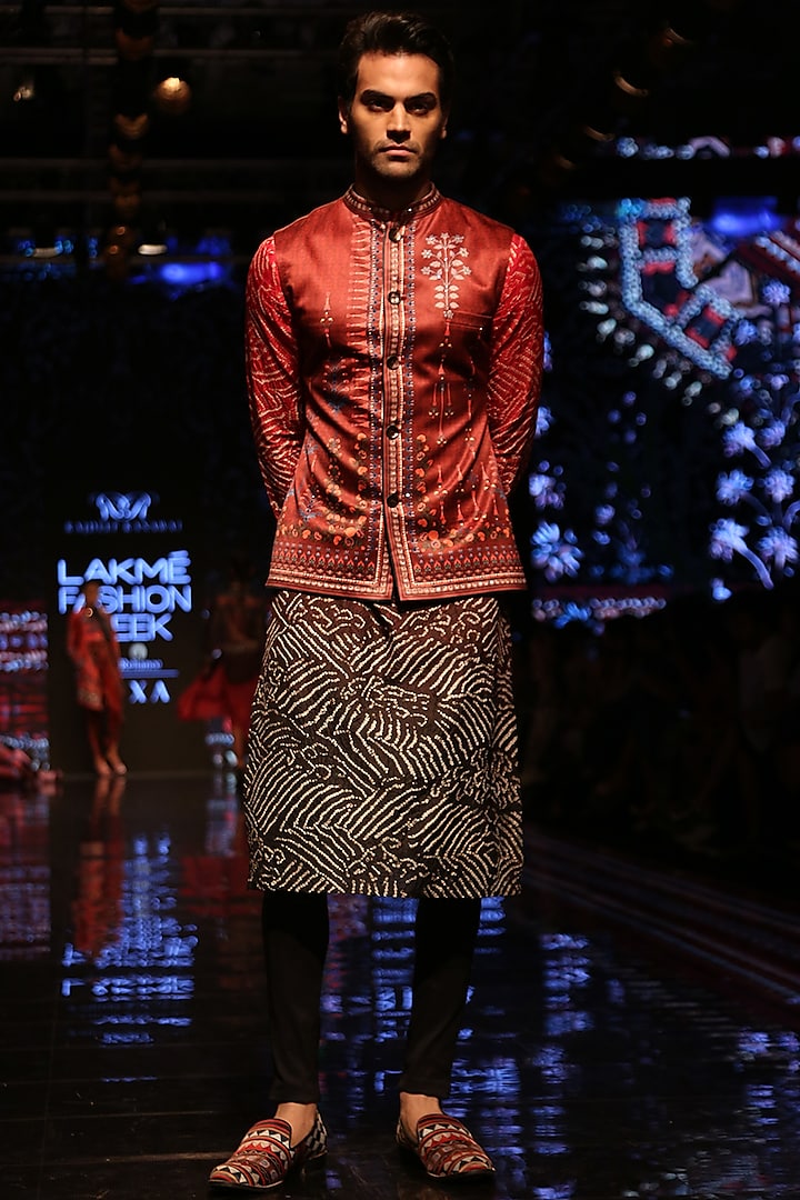 Red Bundi Waistcoat by Rajdeep Ranawat Men