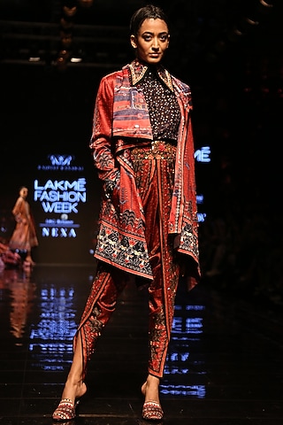 Red Printed & Embroidered Dhoti Pants by Rajdeep Ranawat