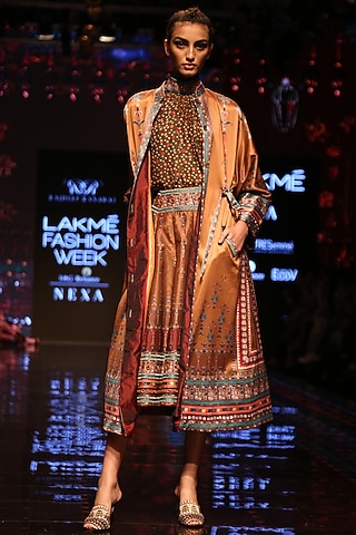 Mustard Yellow Embroidered & Printed Skirt by Rajdeep Ranawat